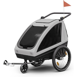 Klarfit GoKiddo: Причіп для велосипеда на 2 дітей - 2в1 (велопричіп та візок) з гальмами, ременями безпеки, регульованими сидіннями, вантажопідйомністю 40 кг, захистом від дощу та UV, складаний (світло-сірий)
