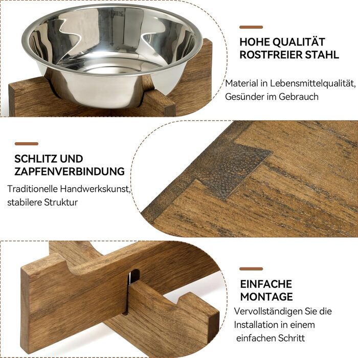 Підвищені годівниці для котів та собак KIRIGEN – дерев'яна годівниця з 3 знімними мисками з нержавіючої сталі, жовто-коричневого та темно-коричневого кольорів