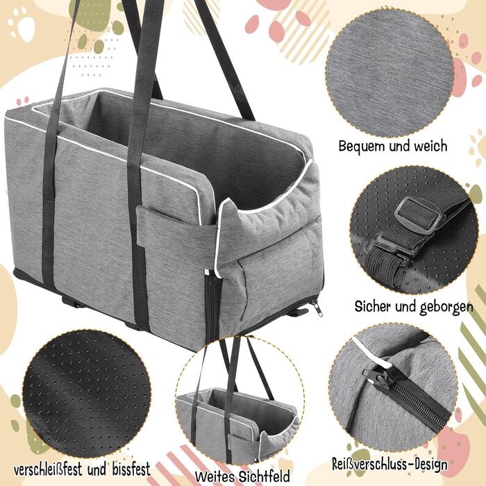 Автокрісло для маленьких собак: м'яка лежанка з підстаканником, сіра, 42x20x22 см