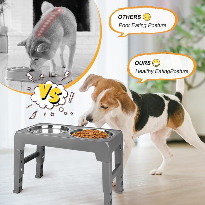 Підвищений годівниця для собак та котів, 2-в-1, 4 регульовані висоти, підставка Anti-Slip з нержавіючою чашею, сірий, 44 x 24 x 8 см