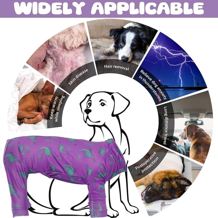 Піжама для собак IDOMIK, м'яка та зручна, з блискавкою, дихаюча, для хлопчиків та дівчаток, одяг для собак, цілісний комбінезон, костюм для відновлення, для маленьких, середніх та великих собак, колір фіолетовий, розмір M (обхват грудей 48.26 см)