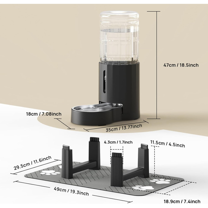 Автоматичний диспенсер для води для собак та котів CZPET з нержавіючою чашею, гравітаційна подача води, 100% BPA-free, велика ємність, тихий, чорний, 9 л + стійка + килимок