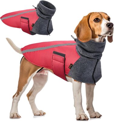 Зимовий теплий одяг для собак SlowTon: куртка з поларфлісу з коміром-шарфом, світловідбивачі, регульована, водонепроникна, вітронепроникна, для цуценят, м'яка, червона (M)