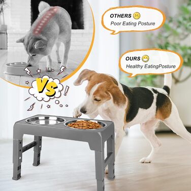 Підвищений годівниця для собак та котів, 2-в-1, 4 регульовані висоти, підставка Anti-Slip з нержавіючою чашею, сірий, 44 x 24 x 8 см