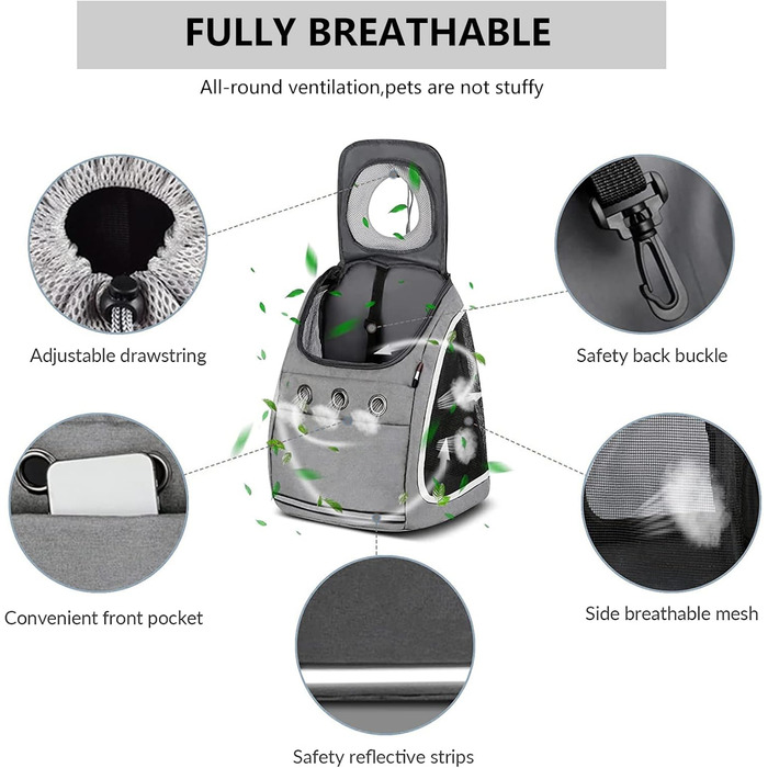 PETCUTE Рюкзак для собак та котів - переноска для маленьких тварин, сірий, для подорожей, кемпінгу та прогулянок