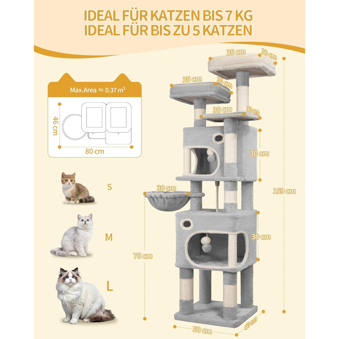 Драбина-кіготь Hzuaneri для котів, 159 см, 8 стовпчиків, 3 платформи, 2 хованки, кошик, плюшеві кульки, мотузка з сизалю, підходить для котів різних розмірів, сірий MS15918LG L (50 x 40 x 159 см)