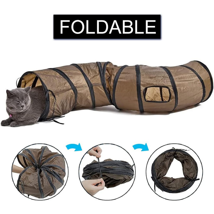 Туннель для котів Andiker S-подібної форми, складаний, іграшка-пазл для гри в приміщенні та на вулиці, з 2 бічними отворами (коричневий)