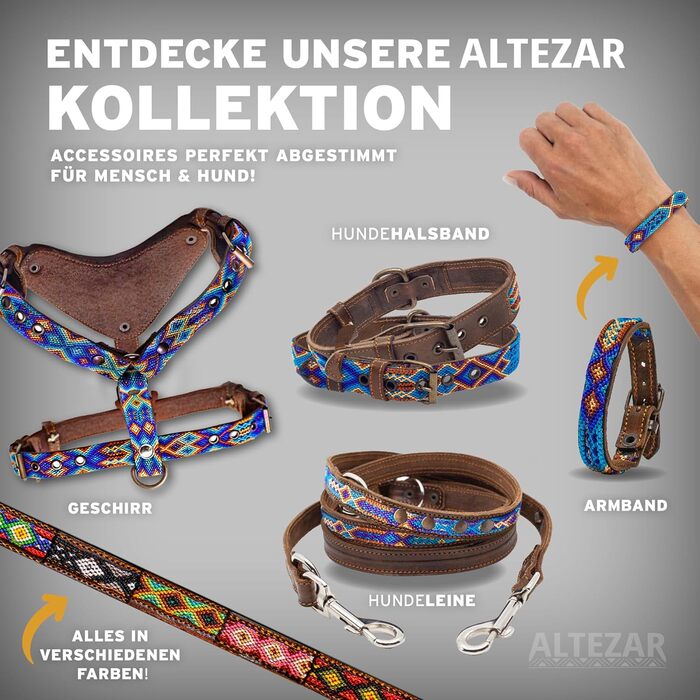 Шкіряний нашийник для собак ALTEZAR, коричнева яловича шкіра, вишивка у стилі трайбл, синьо-коричнево-бежевий, ручна робота з Мексики, розмір S, для маленьких собак