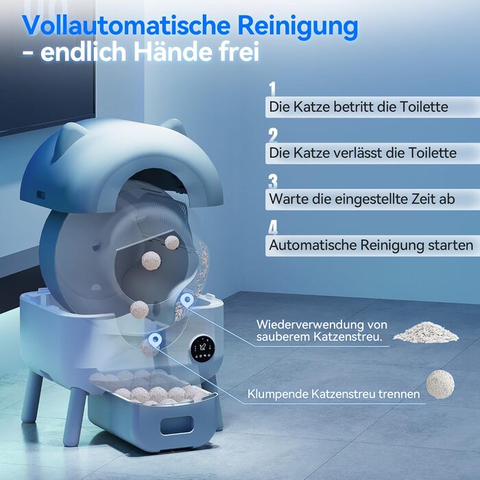 Автоматичний лоток для котів Devoko з самоочищенням, великий об'єм, керування через додаток, LED-підсвічування, килимок, для котів до 12 кг