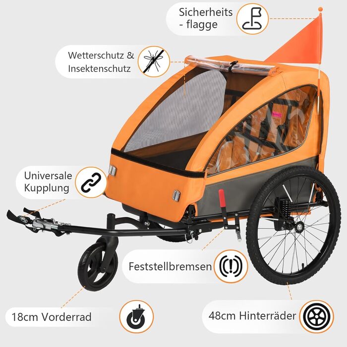 Дитячий велопричіп 2в1 з функцією коляски та бігуна, амортизація, регульована ручка-штовхач та гальма, для 1-2 дітей, до 40 кг (Помаранчевий)