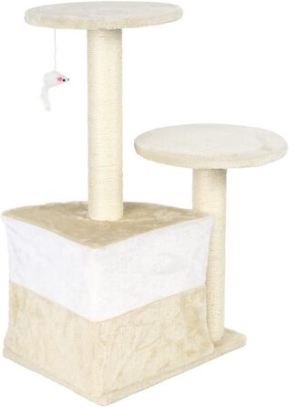 Дряпалка для котів Wiltec бежевого кольору, 71 см, з двома платформами, гніздом та іграшкою, кігтеточка-вежа для котів