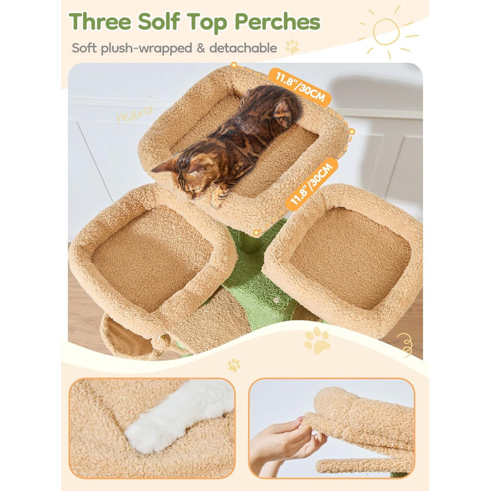 Кігтеточка для котів Taoqimiao 193 см, велика, XXL, з будиночками, гамаком, кошиком та 7 стовпчиками для заточування кігтів, сірий/зелений (MS047G)