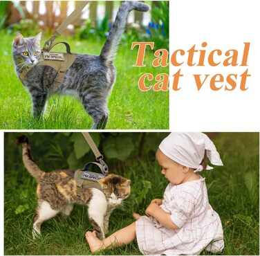 Тактична прогулянкова шлейка для котів, нейлонова, дихаюча, регульована, для великих котів і малих собак, колір хакі, розмір M