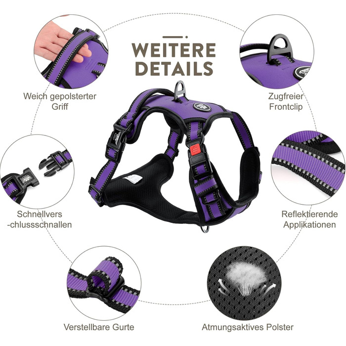 Шлейка для собак середніх порід FURRYFECTION, анти-тяга, регульована, з лінійкою, оксфорд, фіолетовий, M