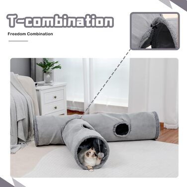 Туннель для котів Mymai з м'яким велюром, інтерактивний шурхотливий тунель з 2 підвісними іграшками, для кроликів та маленьких тварин (Сірий)