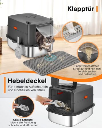 Котячий туалет з нержавіючої сталі Papettly XXL з кришкою, 30 л, знімний високий бортик, килимок для наповнювача, легке очищення, 58x42x40 см