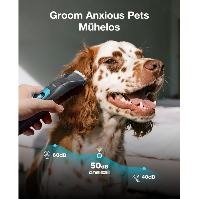 Машинка для стрижки собак та котів oneisall 2-в-1 з тримером для лап, LED-підсвічуванням, тиха робота, акумулятор 2000 mAh, професійний триммер для густого та кучерявого хутра, синій