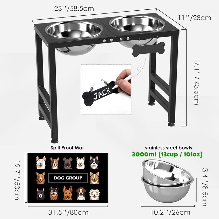 Підвищена годівниця для собак великих та екстра-великих порід, підставка для мисок з нержавіючої сталі (2,863 г) та не проливаючим килимком, годівниця висотою 43 см для великих порід, чорний колір