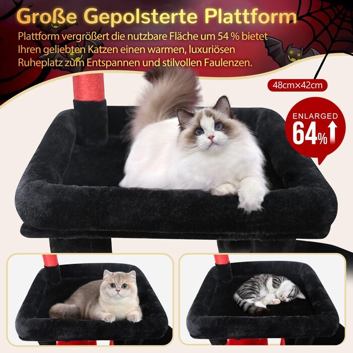 Дерев'яний комплекс для котів Globlazer з висотою 167 см, широкою платформою, будиночком, кошиком та іграшками. Стабільний, підходить для 2-4 котів. Чорний/червоний (F65B)