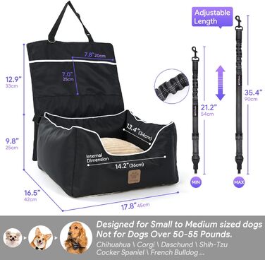 Автокрісло для собак Преміум, чорне: водонепроникне ліжко для маленьких та середніх собак, з підсумками та ременем безпеки