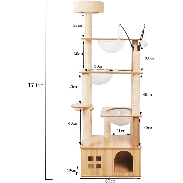 Великий котячий комплекс з подряпуванням, 173 см, XXL, 13 стовпчиків, 5 платформ, 3 космічні кораблі, 1 печера, 3 плюшеві кульки, 1 плюшева платформа для стрибків, багатошарові стовпчики, космічна капсула