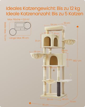 Котячий дім Feandrea XXL 190 см, багаторівневий, 2 будиночки, 2 лежаки, 5 стовпчиків для дряпання, котяча щітка, велика платформа, колір пісочний