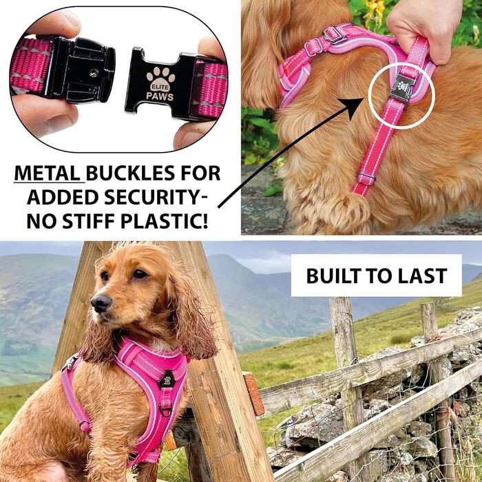 Elite Paws® UK: Преміум шлея для собак з металевою пряжкою, міцна, безпечна, м'яка, зручна, регульована, відбиваюча, кріплення для повідка спереду і ззаду, м'яка ручка