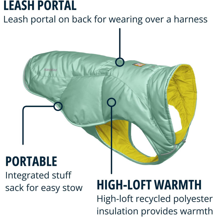 Куртка Ruffwear Quinzee для великих собак, ізольована куртка для собак на всі погодні умови, водонепроникна куртка для собак, легка жилетка для собак та сумка-переноска, розмір L, Obsidianschwarz (River Rock Green, X-Small)