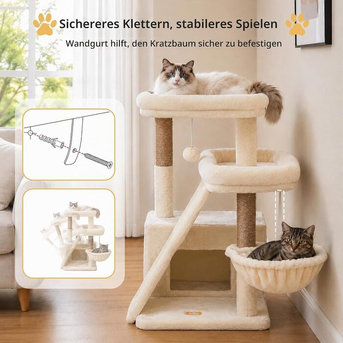Дряпалка для котів Heybly HCT206SMJ (69 см) з двома лежаками та великою scratch-дошкою, бежева