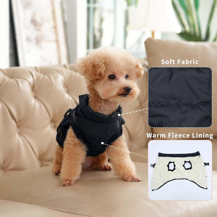 Тепла куртка для собак з повдком, флісова підкладка, зимовий одяг для цуценят, вітронепроникний жилет для маленьких собак, хакі, розмір M (Великий (Упаковка з 1), Чорний (Повдець))