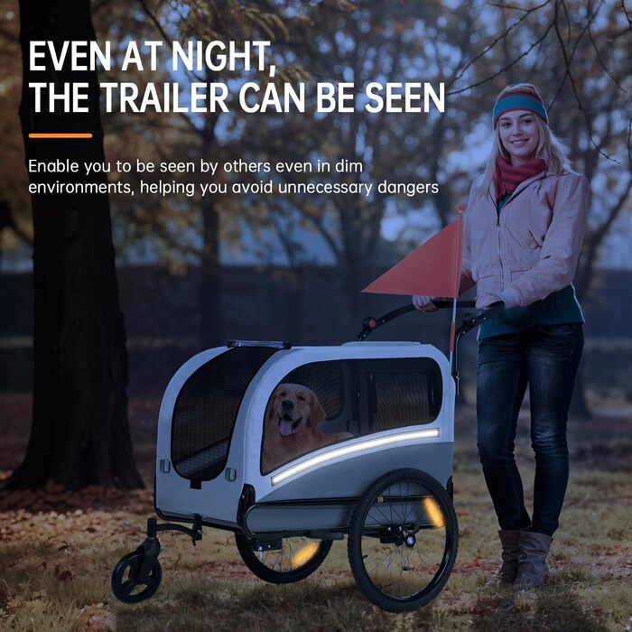Фаррадний причіп 2-в-1 XXL для собак, складний з дахом, відбивачі та світловідбиваючі смуги, універсальний з'єднувач, регульована ручка-телескопічна (сірий/білий)