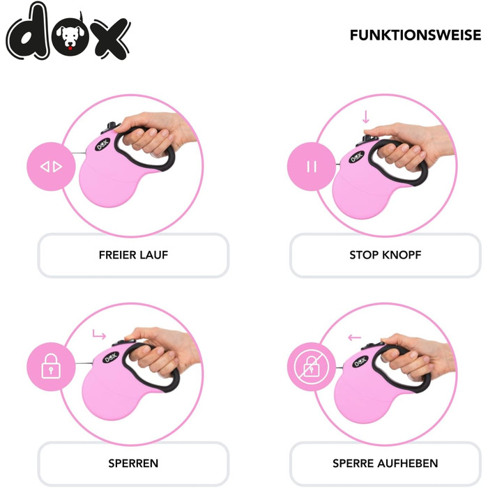 Рулетка для собак DDOXX - міцна, світловідбиваюча, рожева, до 20 кг, 5 м