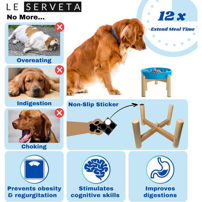 Миска для собак LE SERVETA Slow Feeder з кераміки, піднята, 3 миски, з дерев'яною підставкою, для собак середніх та великих порід, інтелектуальна миска-пазл (Блакитна)