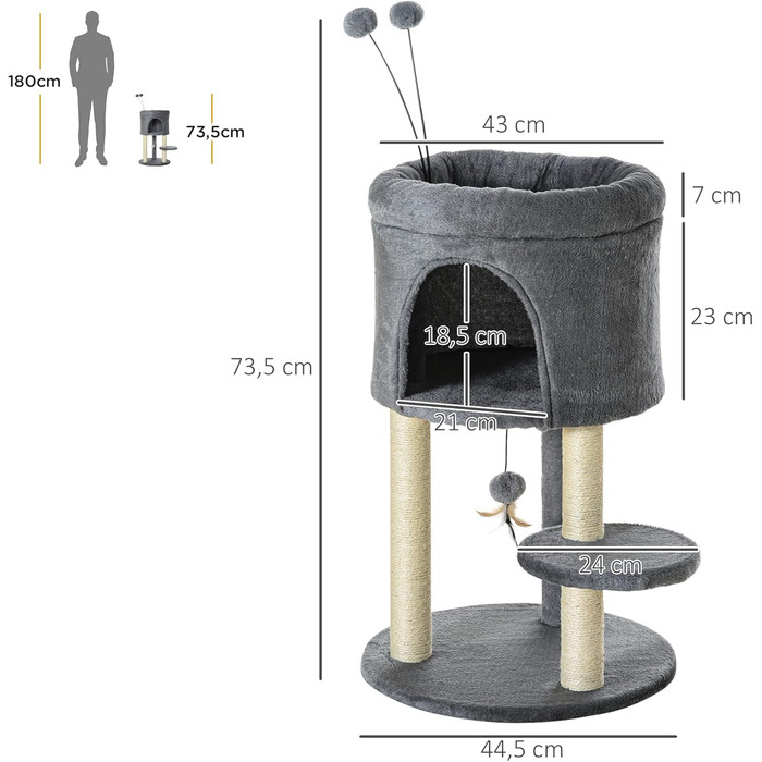 Драбина для котів PawHut 73,5 см з будиночком та іграшкою, сітка з сизалю, котячий комплекс сірий+кремовий