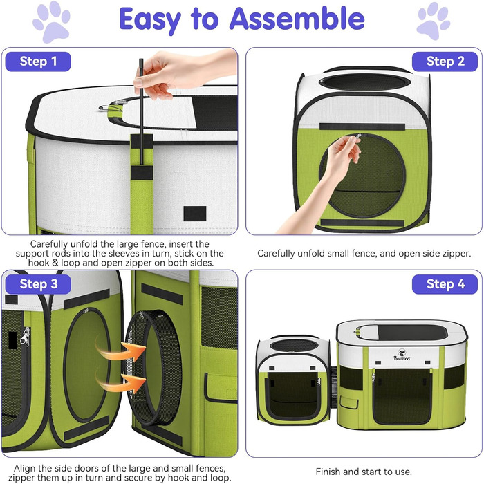 Pawaboo Зручний портативний вольєр для тварин, складаний вольєр для собак з водонепроникного оксфорду, клітка для котів з сумкою, мискою, для цуценят, котів, кроликів, для використання в приміщенні та на вулиці, зелений, M-80×60×55см, (2-в-1 вольєр, A-Біл