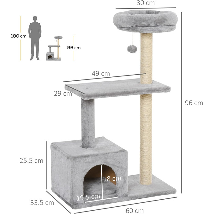Дряпак для котів PawHut 96 см, сізал, котячий будиночок, іграшковий м'ячик, сірий, 40 x 40 x 72 см