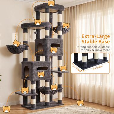 Heybly Katzenbaum 190 см, XXL Дряпка для великих котів, Стабільна висока когтеточка з великою платформою, 2 печери, гамак та міцні стовпи з сизалю, Сірий HCT062G