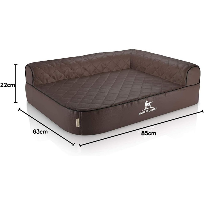 Ортопедичне собаче ліжко Knuffelwuff Winslow з лазерного стеганого штучного шкіряного покриття, коричневе, розмір L 85 x 63 см, зйомний чохол, легко мити, для великих, середніх та малих собак.