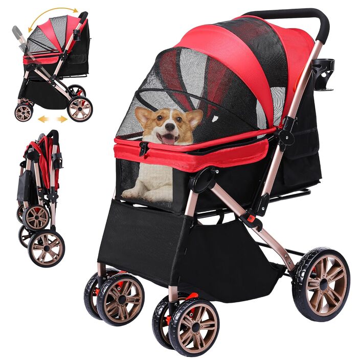 Візок для собак DWVO 3-в-1: візок, переноска, сумка. До 22 кг, EVA-колеса, сітчасті вікна, червоний (58.5x76x105 см)