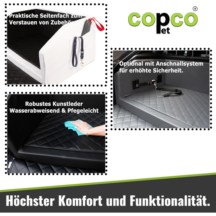 CopcoPet Подушка-ліжко для собак у багажник 90x70x38 см, штучна шкіра, захист багажника, водовідштовхувальна, стійка до подряпин, система кріплення та захисний коврик, подорожнє ліжко для собак (Білий/Чорний)