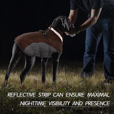 Тепла куртка для собак FUAMEY, зимовий одяг з флісовою підкладкою, світловідбиваючою жилеткою, інтегрованим повідком, водонепроникна та вітронепроникна, коричнева, розмір L (обхват грудей 61 см)