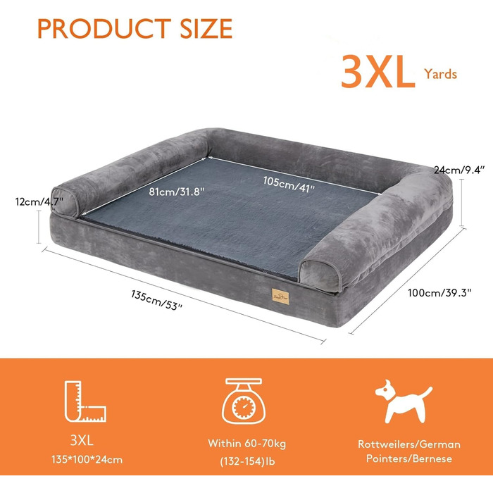 Ортопедичне ліжко для собак BingoPaw XXXL, 2 в 1, знімне, велике, сіре, 135x100x12 см