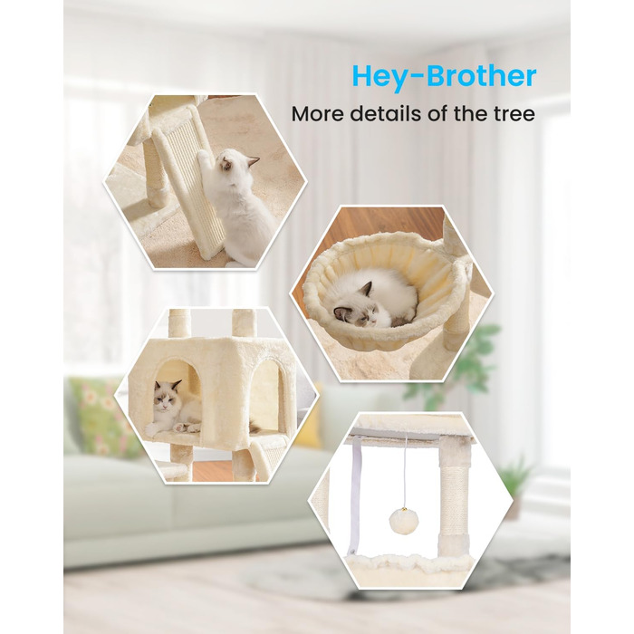 Велика дряпка для котів Hey-brother, котячий комплекс для дому з будиночком, м’яким лежаком, затишними нішами, гамаками та сизалевими стовпами, бежевий MPJ006-MM