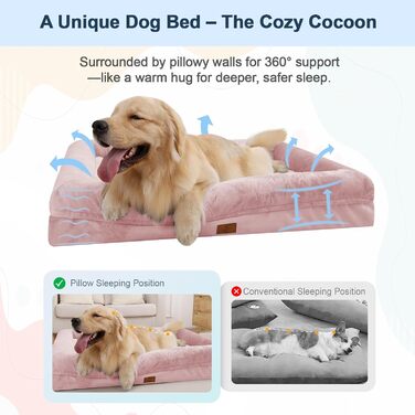 Велике ортопедичне ліжко для собак, сірого кольору, водонепроникне, знімний чохол, 4 сторони, м'яке, неслизьке, 36.0' x 27.0' x 6.5' (7'H), рожеве, однотонне, прямокутне