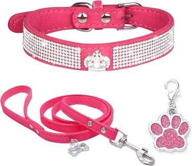Елегантний нашийник та поводок для собак HALFSUMO з діамантами, з м'якого велюру та шкіри, регульований, для малих та середніх порід, рожевий колір