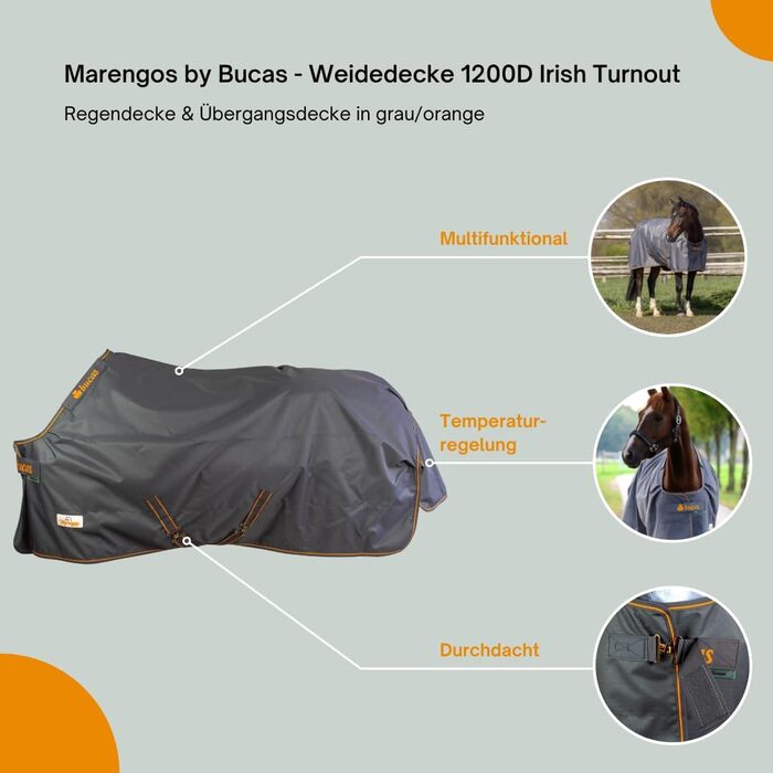 Зимова ковдра Marengos Bucas 1200D Irish Turnout - дихаюча та водонепроникна ковдра для вигулу з внутрішнім шаром та перехресним кріпленням. Сірий/Помаранчевий, розмір 145 см (наповнювач 50 г/м²)