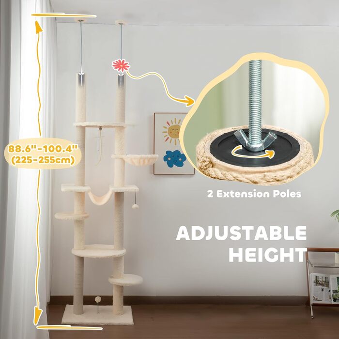 PawHut Дряпка для котів 225-255 см, 7 рівнів, з гамаком, платформами, іграшковим м’ячем, бежево-сіра