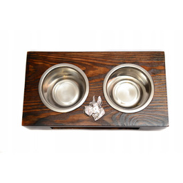 Дерев'яна підставка з мисками для собак, сталеві миски, ручна робота — Німецький дог