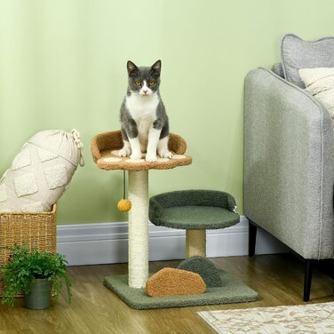 Котячий будиночок PawHut: невеликий когтетоп з 2 рівнями, м'ячик, сизаль, до 5 кг