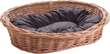Плетене ліжко для собак та котів Wiklinowy Świat - ліжко з ротангу для домашніх тварин, 66x47x15 см, з коричневим подушкою в крапку